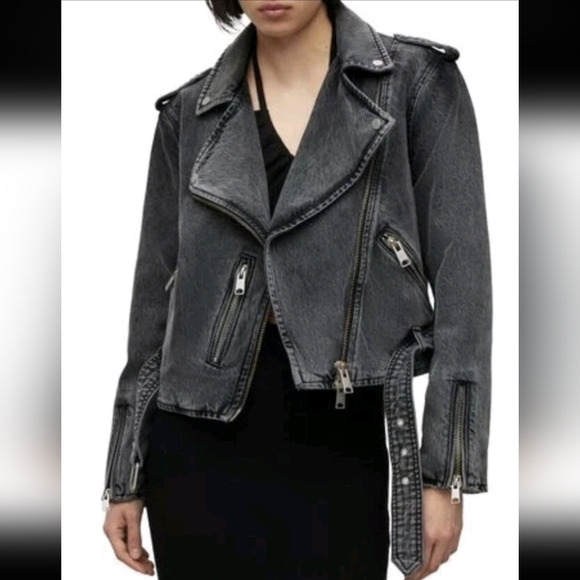NWOT ALL SAINTS BALFERN DENIM BIKER JACKET IN WASHED GRAY - Picture 2 of 12